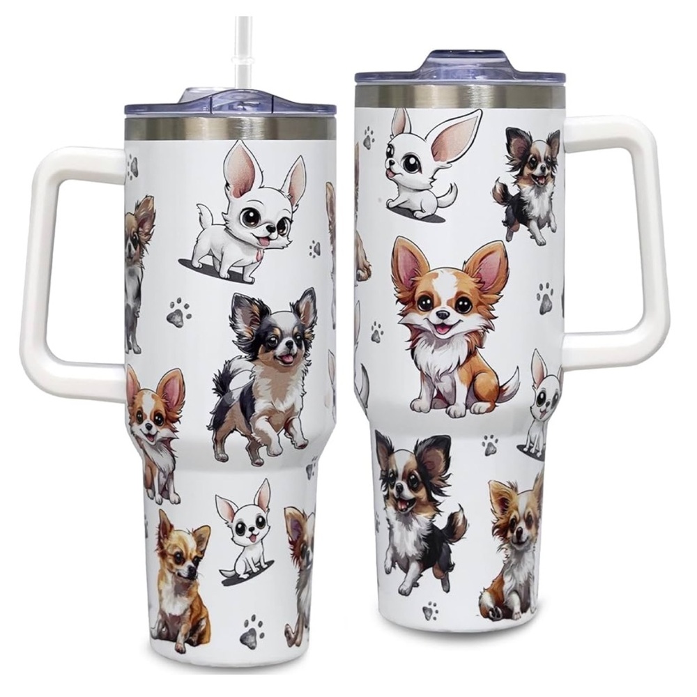 Chihuahua Dog Print 40 oz White Stainless Steel Tumbler Mug with Lid and Handle